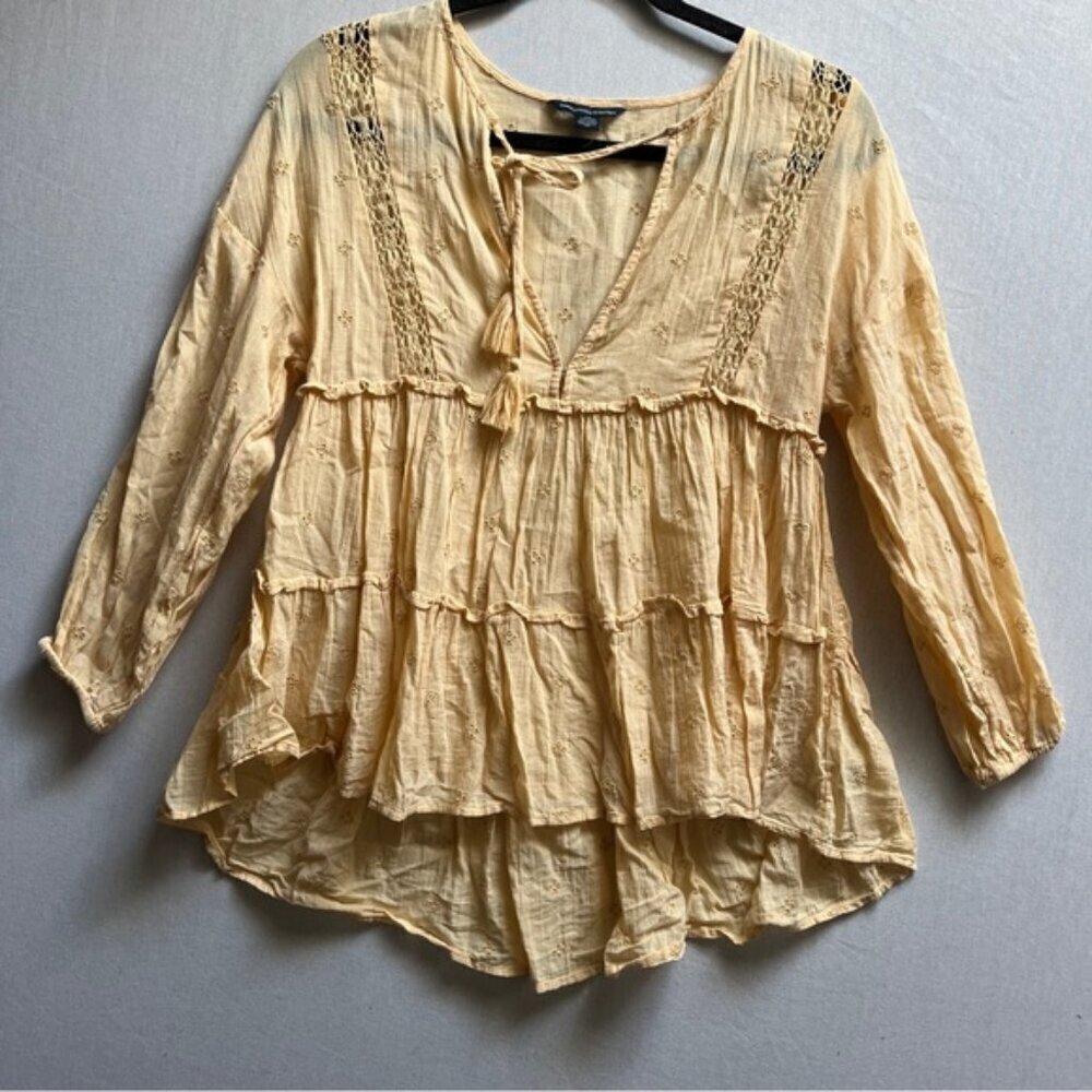 American Eagle Outfitters Yellow Cotton Eyelet Boho Peplum Blouse XS